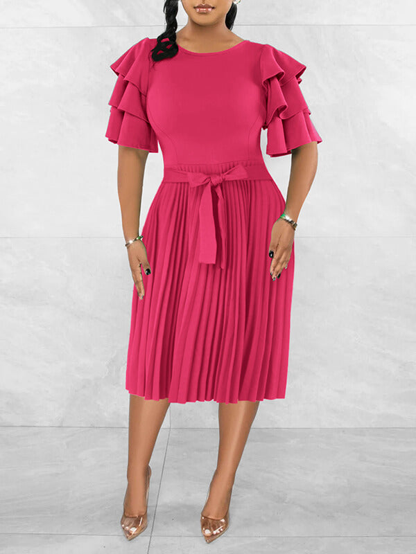 Ruffle-Sleeve Pleated Dress-Clearance