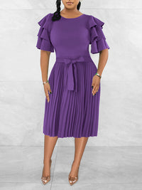 Ruffle-Sleeve Pleated Dress-Clearance