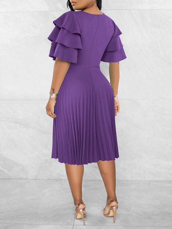 Ruffle-Sleeve Pleated Dress-Clearance