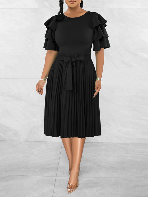 Ruffle-Sleeve Pleated Dress-Clearance