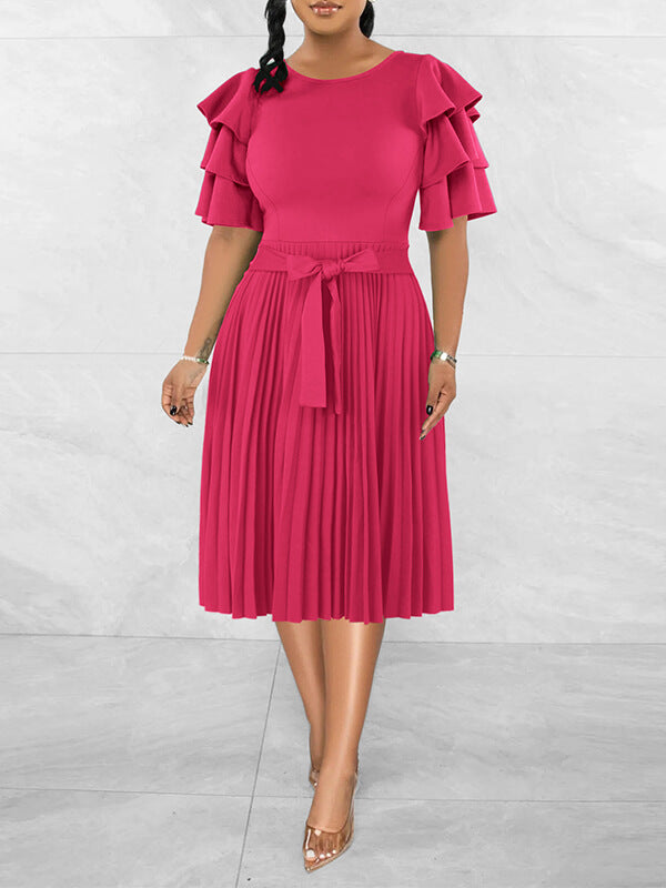 Ruffle-Sleeve Pleated Dress-Clearance