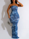 Denim-Print Strapless Dress
