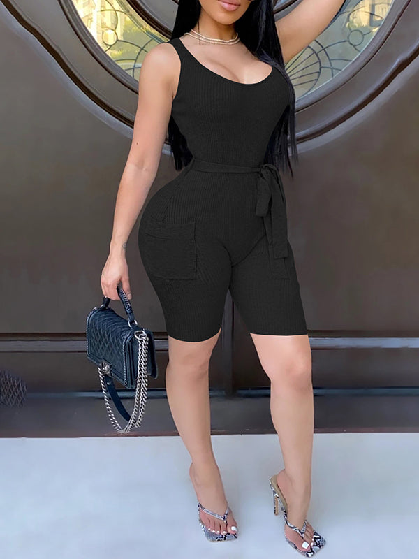 Ribbed Tied Sleeveless Romper