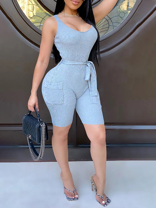 Ribbed Tied Sleeveless Romper