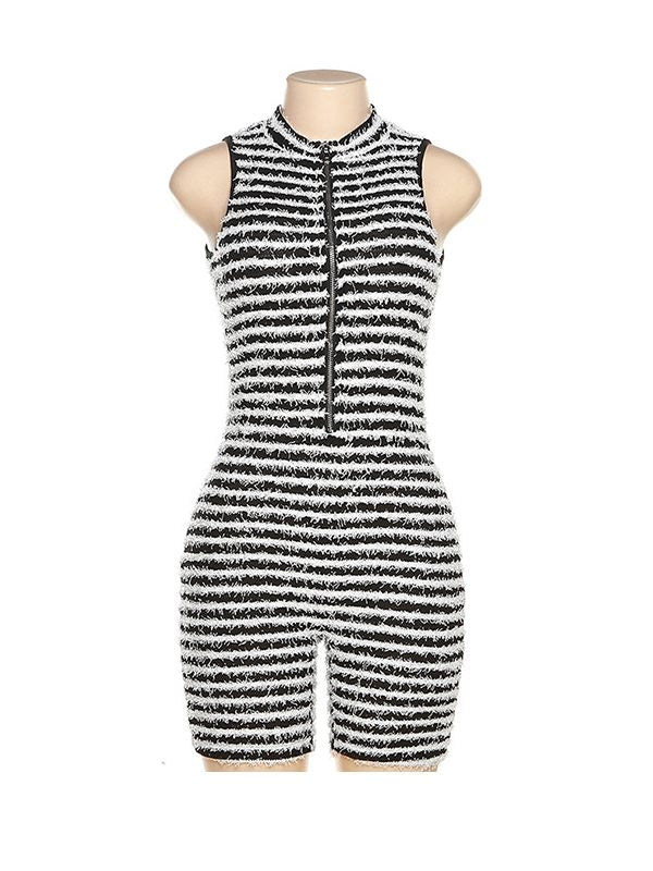 Stripe Zip-Front Sleeveless Romper