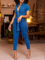 Zip-Front Tied Denim Jumpsuit