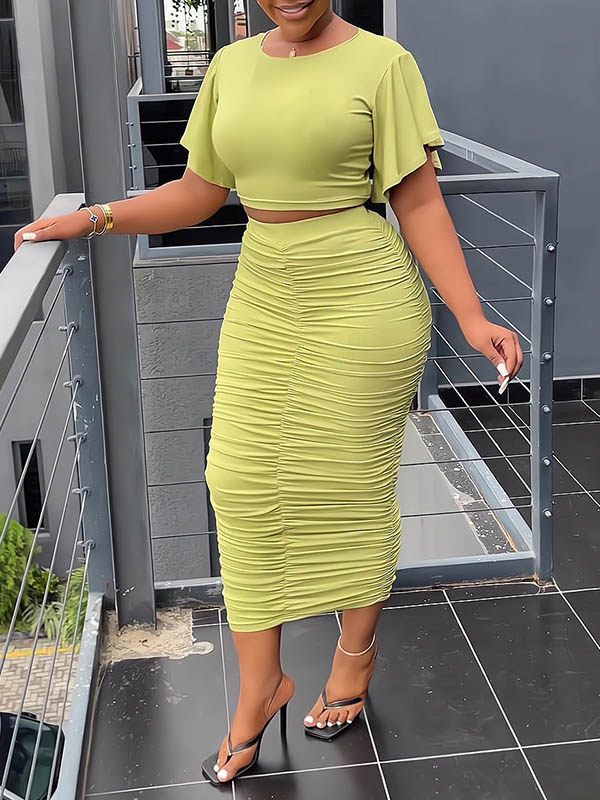 Ruffle-Sleeve Top & Ruched Skirt Set