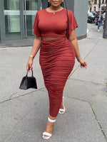 Ruffle-Sleeve Top & Ruched Skirt Set