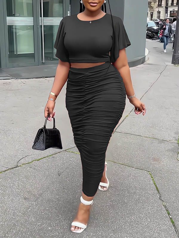 Ruffle-Sleeve Top & Ruched Skirt Set