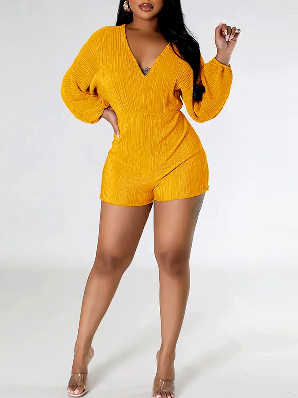 Solid Ribbed V-Neck Romper