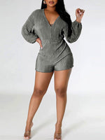 Solid Ribbed V-Neck Romper
