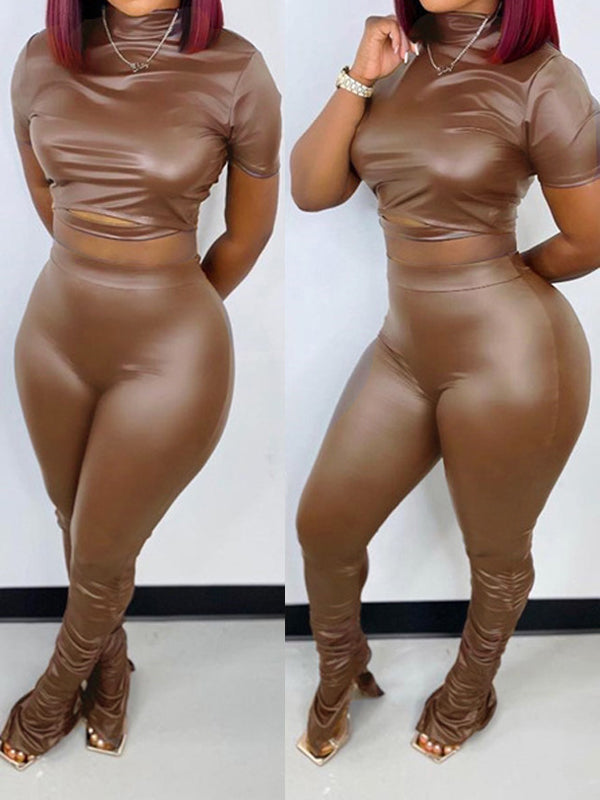 Faux-Leather Top & Ruched Pants Set
