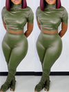 Faux-Leather Top & Ruched Pants Set