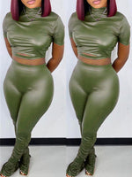 Faux-Leather Top & Ruched Pants Set
