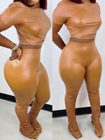 Faux-Leather Top & Ruched Pants Set