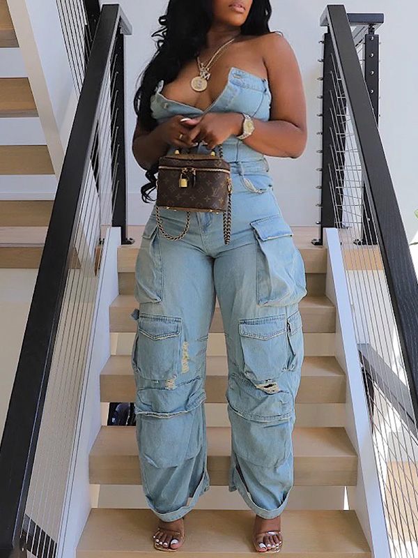Denim Cargo Jumpsuit