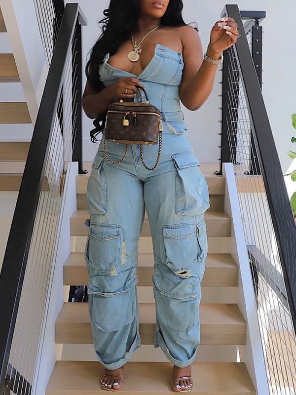 Denim Cargo Jumpsuit