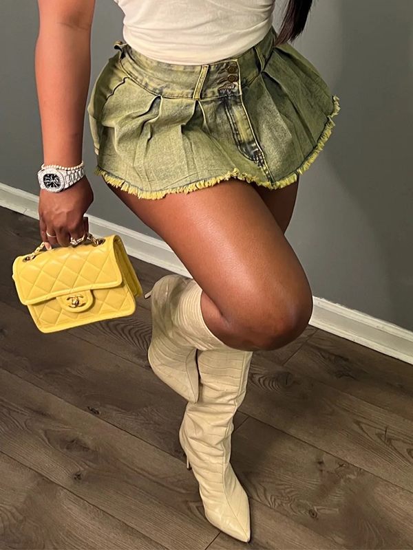 Pleated Denim Mini Skort