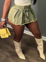Pleated Denim Mini Skort