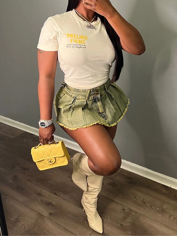 Pleated Denim Mini Skort