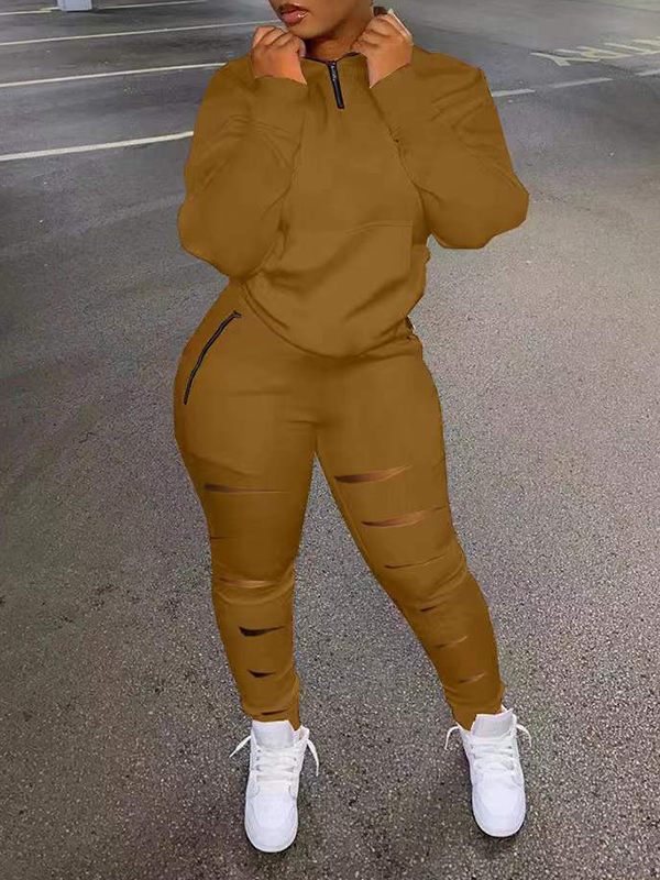 Zip-Front Sweatshirt & Ripped Pants Set