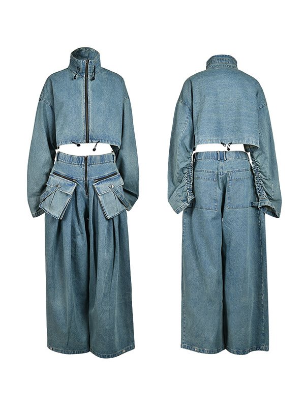 Denim Jacket & Wide-Leg Pants Set