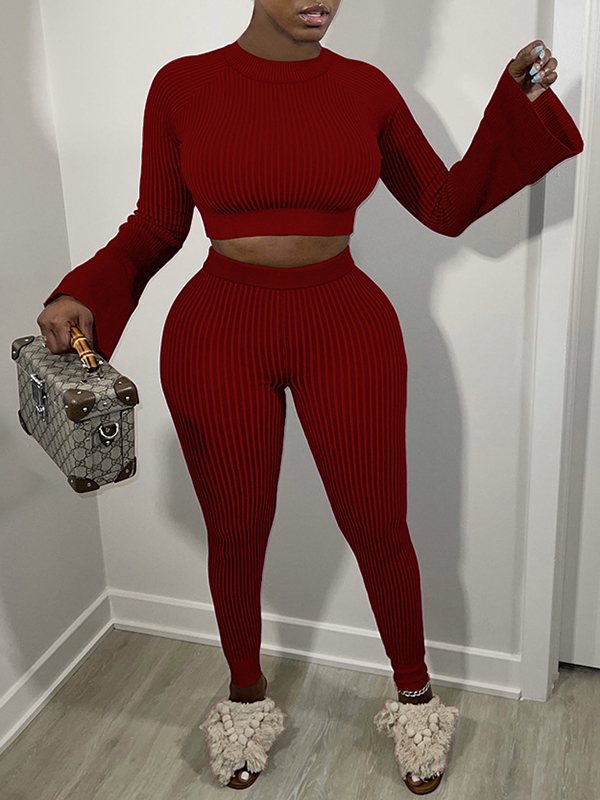 Ribbed Bell-Sleeve Top & Pants Set