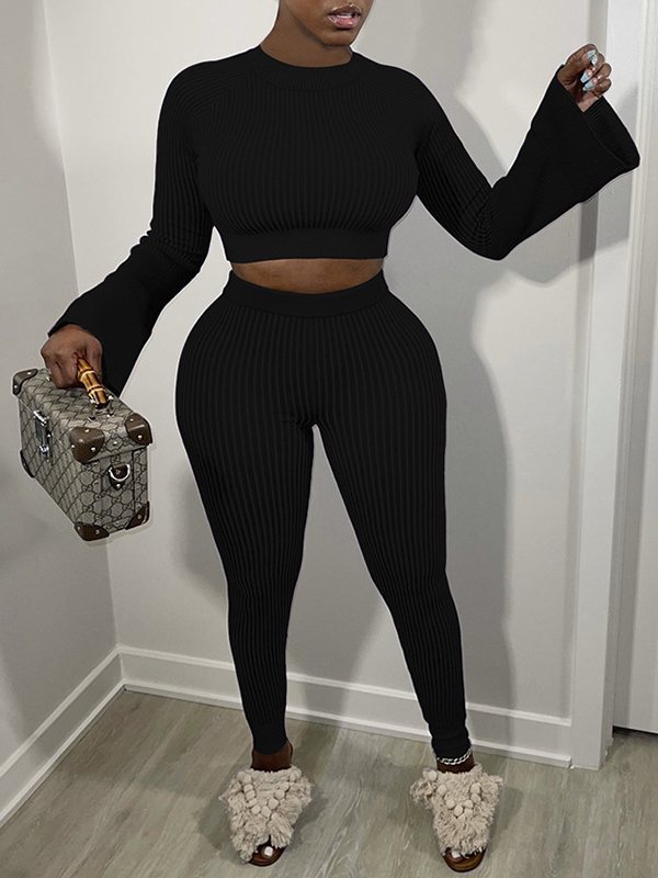 Ribbed Bell-Sleeve Top & Pants Set