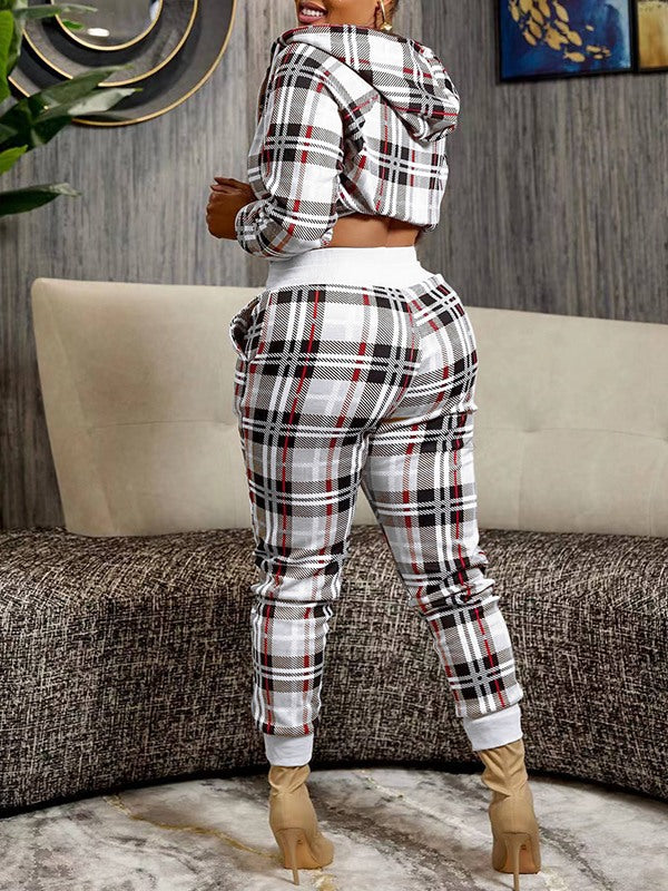Plaid Zip-Front Hoodie & Pants Set