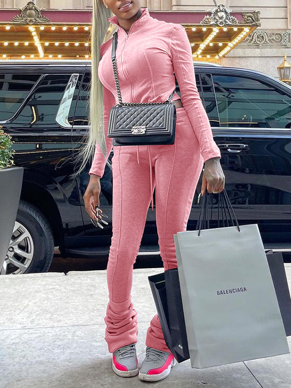 Zip-Front Sweatshirt & Ruched Pants Set