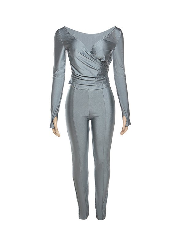 Solid V-Neck Top & Pants Set