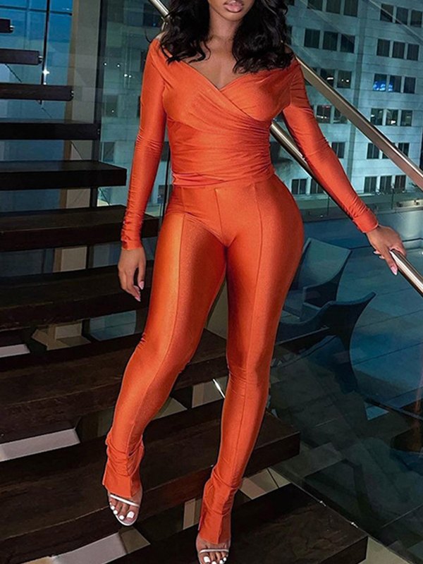 Solid V-Neck Top & Pants Set