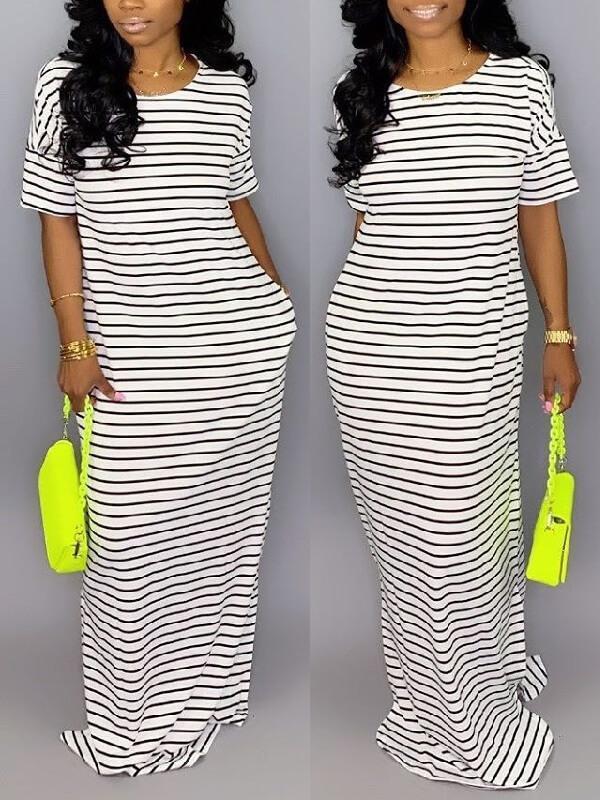 Stripe Short-Sleeve Maxi Dress