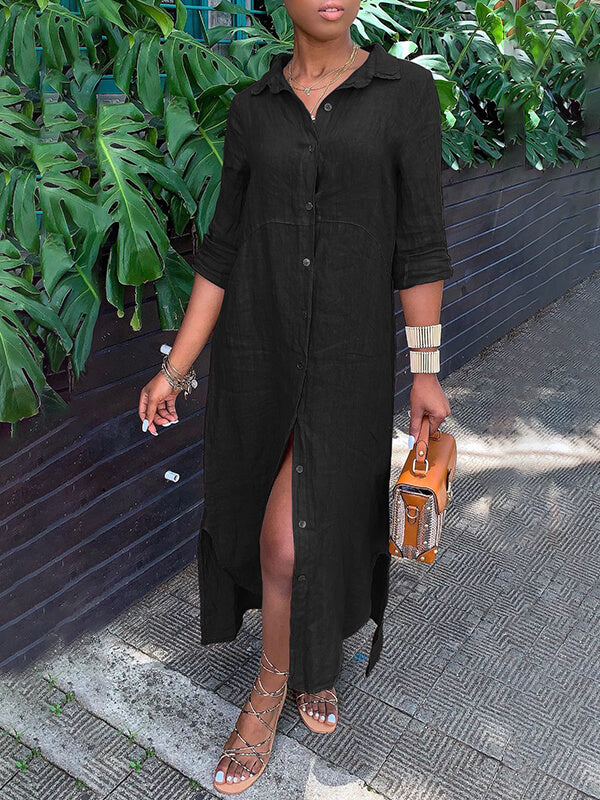 Solid Side-Slit Shirt Dress