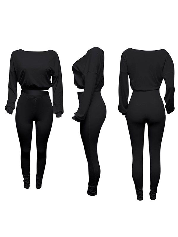 Solid Ribbed Sweatshirt & Pants Set