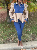 Denim-Combo Puff-Sleeve Shirt